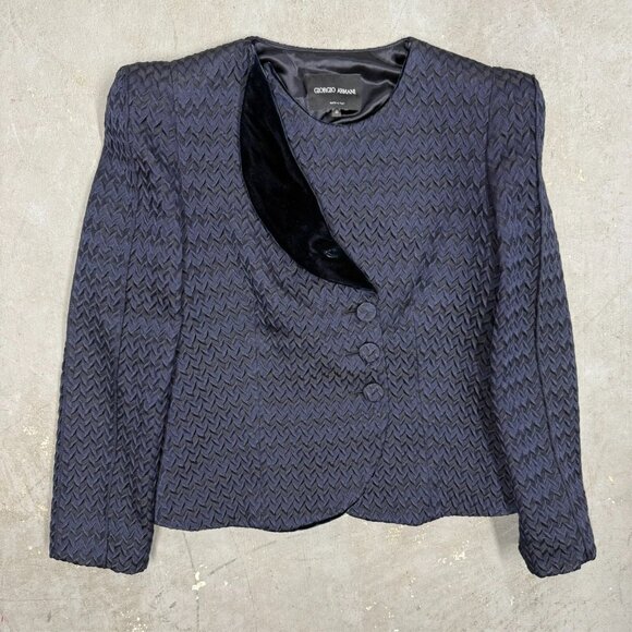 Giorgio Armani Wool & Silk Blazer Textured Blue Velvet Lining Made in Italy 40 - Picture 2 of 9